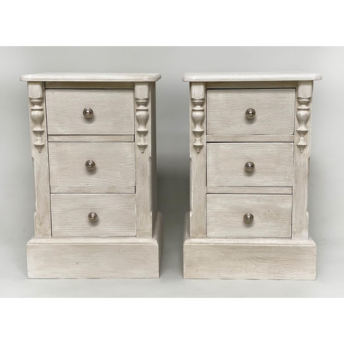 162 - BEDSIDE CHESTS, a pair, French traditionally grey painted each silvered metal mounted with three dra... 