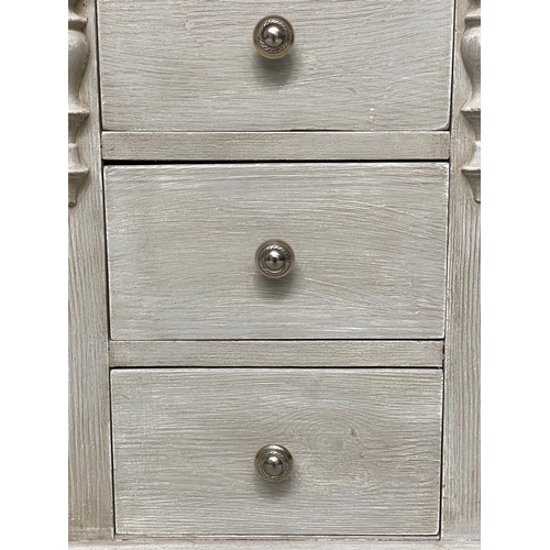 162 - BEDSIDE CHESTS, a pair, French traditionally grey painted each silvered metal mounted with three dra... 