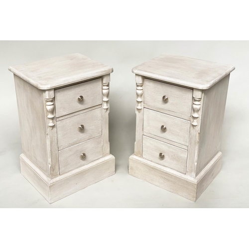 162 - BEDSIDE CHESTS, a pair, French traditionally grey painted each silvered metal mounted with three dra... 