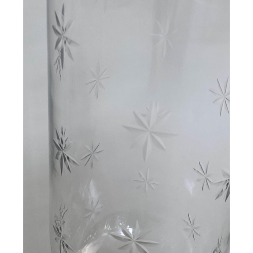 163 - STORM LANTERNS, a pair, cut glass of vase form engraved with stepped plinth base, 40cm H. (2)