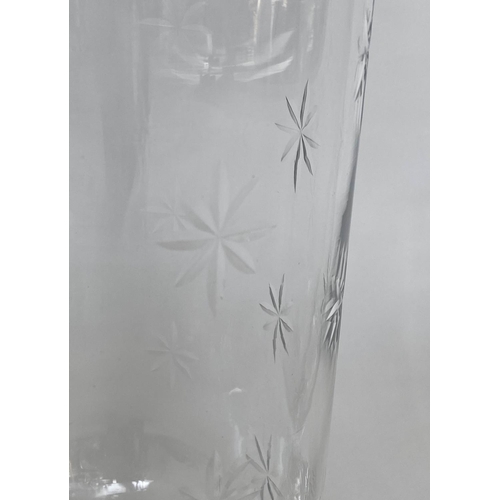 163 - STORM LANTERNS, a pair, cut glass of vase form engraved with stepped plinth base, 40cm H. (2)