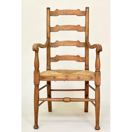 165 - ARMCHAIRS, a pair, early 20th century English oak with ladder backs and rush seats, 55cm W. (2)