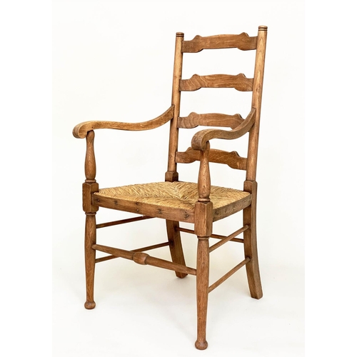 165 - ARMCHAIRS, a pair, early 20th century English oak with ladder backs and rush seats, 55cm W. (2)