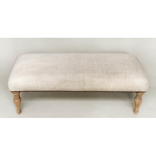 166 - WINDOW SEAT, rectangular brass studded linen upholstered with turned supports, 108cm W x 40cm H x 44... 