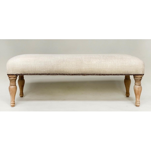 166 - WINDOW SEAT, rectangular brass studded linen upholstered with turned supports, 108cm W x 40cm H x 44... 