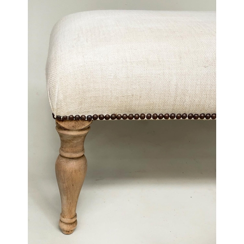 166 - WINDOW SEAT, rectangular brass studded linen upholstered with turned supports, 108cm W x 40cm H x 44... 