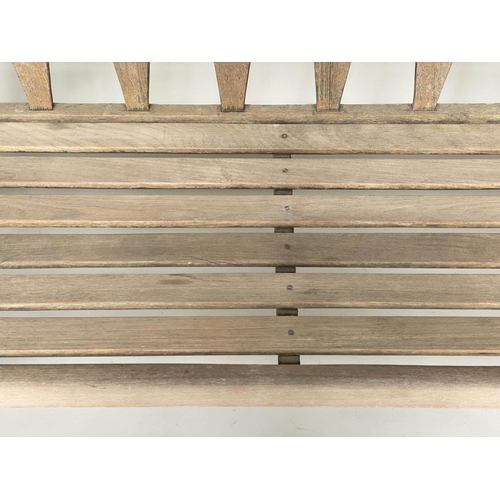 167 - GARDEN BENCH, weathered teak of slatted construction with triangular splat back, 140cm W.