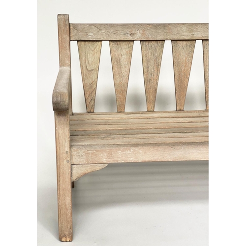 167 - GARDEN BENCH, weathered teak of slatted construction with triangular splat back, 140cm W.