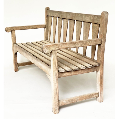 167 - GARDEN BENCH, weathered teak of slatted construction with triangular splat back, 140cm W.