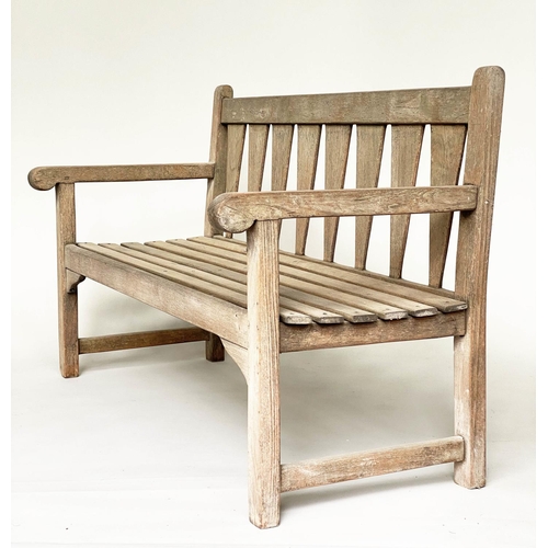 167 - GARDEN BENCH, weathered teak of slatted construction with triangular splat back, 140cm W.