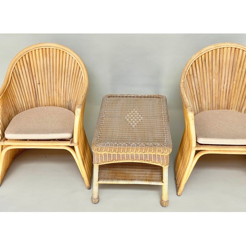 170 - TERRACE SET, rattan, bamboo and cane bound with two armchairs and cane wicker panelled table, chair ... 