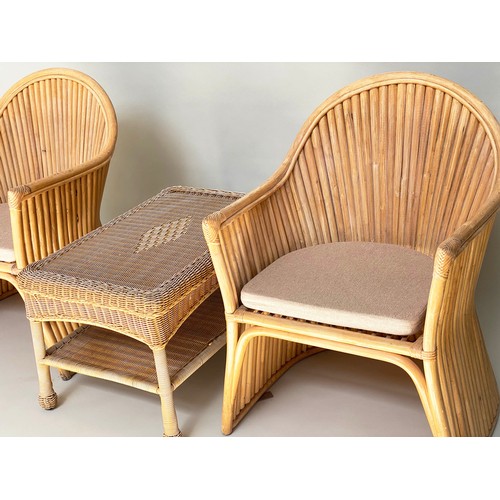 170 - TERRACE SET, rattan, bamboo and cane bound with two armchairs and cane wicker panelled table, chair ... 