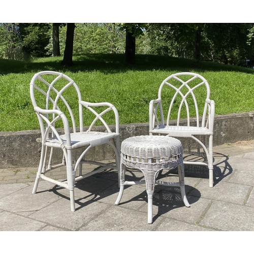 171 - CONSERVATORY ARMCHAIRS, a pair, painted rattan, wicker and cane bound with rounded trellis backs tog... 