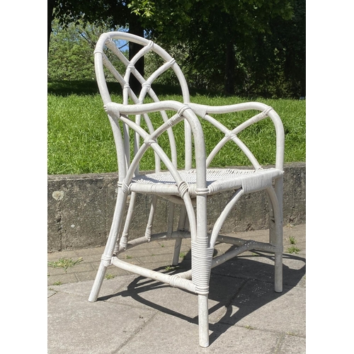 171 - CONSERVATORY ARMCHAIRS, a pair, painted rattan, wicker and cane bound with rounded trellis backs tog... 