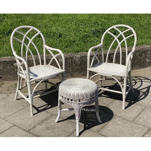 171 - CONSERVATORY ARMCHAIRS, a pair, painted rattan, wicker and cane bound with rounded trellis backs tog... 