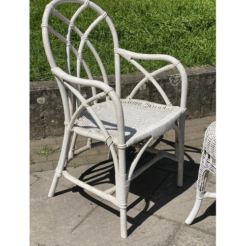 171 - CONSERVATORY ARMCHAIRS, a pair, painted rattan, wicker and cane bound with rounded trellis backs tog... 