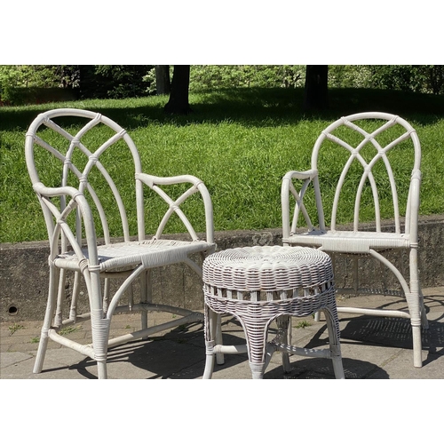 171 - CONSERVATORY ARMCHAIRS, a pair, painted rattan, wicker and cane bound with rounded trellis backs tog... 