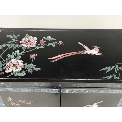 201 - CHINESE SIDE CABINET, lacquered with incised polychrome Chinoiserie decoration and two panel doors, ... 