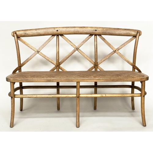 202 - HALL SEAT, Oka style ash bentwood with X lattice back and woven cane seat, 135cm W.