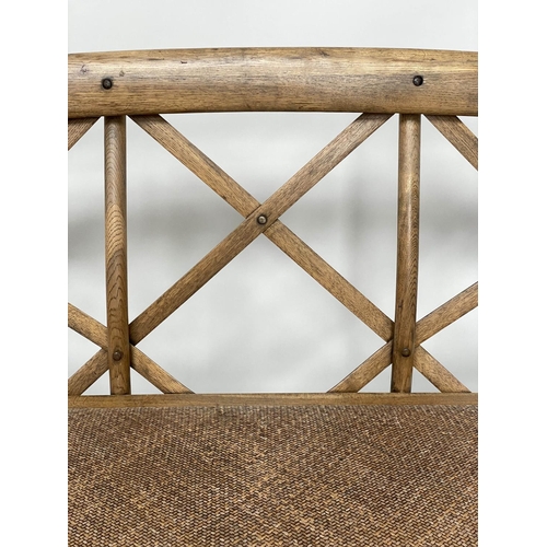 202 - HALL SEAT, Oka style ash bentwood with X lattice back and woven cane seat, 135cm W.