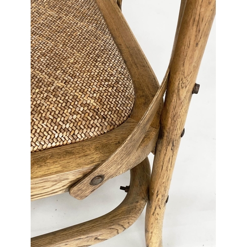 202 - HALL SEAT, Oka style ash bentwood with X lattice back and woven cane seat, 135cm W.