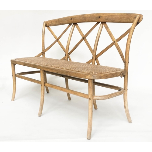 202 - HALL SEAT, Oka style ash bentwood with X lattice back and woven cane seat, 135cm W.