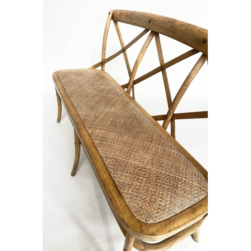 202 - HALL SEAT, Oka style ash bentwood with X lattice back and woven cane seat, 135cm W.