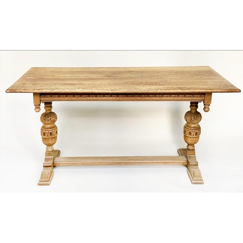 205 - REFECTORY TABLE, 17th century style oak with rectangular planked top, carved twin pillars and flat s... 