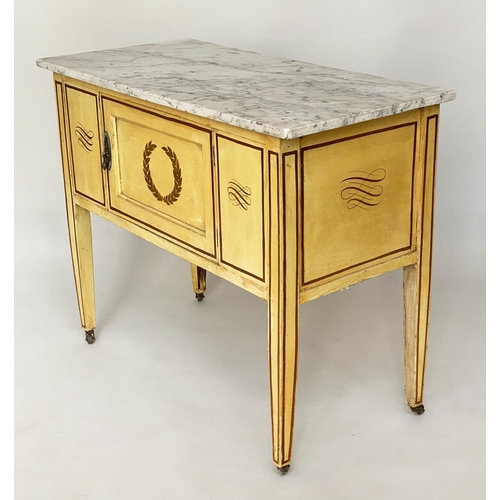 207 - SIDE CABINET, Edwardian lemon yellow painted with marble top above gilt wreath and scroll decoration... 