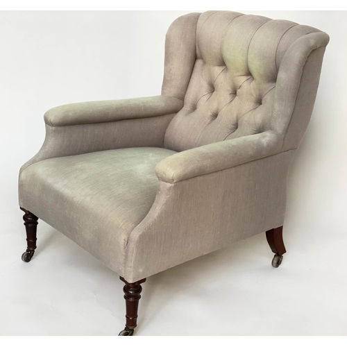 210 - WING BACK ARMCHAIR, 19th century linen upholstered with button back and turned tapering front suppor... 