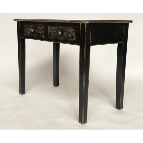 211 - SIDE TABLE by Oka, lacquered and gilt chinoiserie decorated with two frieze drawers and square suppo... 