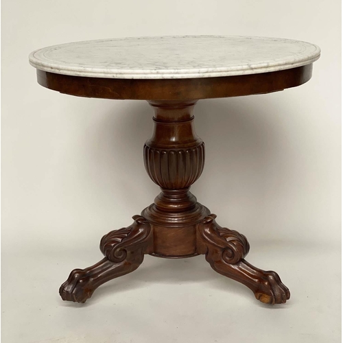 215 - GUERIDON, 19th century French Louis Philippe figured mahogany with circular moulded edge veined whit... 