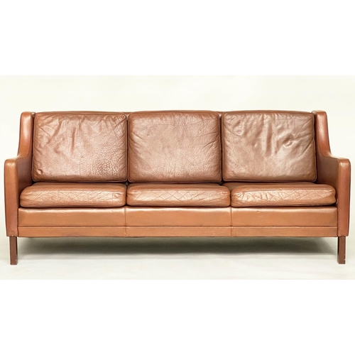 217 - DANISH SOFA, 1970s mid brown leather, upholstered with teak supports, 180cm W.