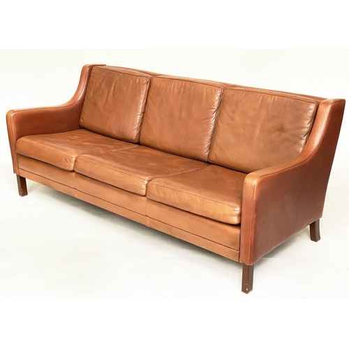 217 - DANISH SOFA, 1970s mid brown leather, upholstered with teak supports, 180cm W.