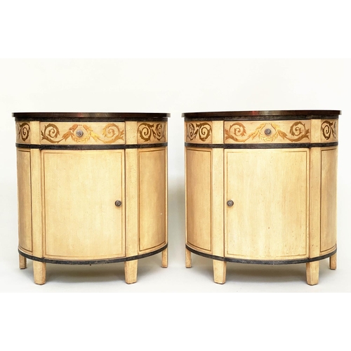 218 - SIDE CABINETS, a pair, demilune painted with scroll frieze and panel door, 76cm W x 78cm H. (2)