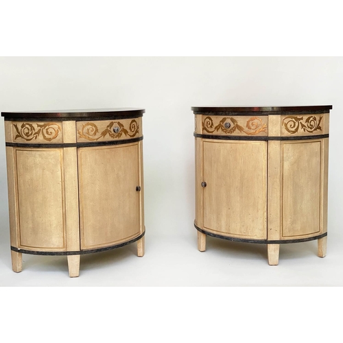 218 - SIDE CABINETS, a pair, demilune painted with scroll frieze and panel door, 76cm W x 78cm H. (2)