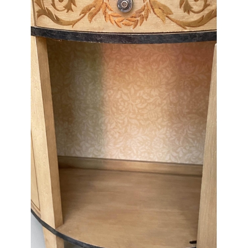 218 - SIDE CABINETS, a pair, demilune painted with scroll frieze and panel door, 76cm W x 78cm H. (2)