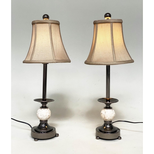 219 - TABLE LAMPS, a pair, with chrome columns and a reconstituted marble spheres (with shades), 60cm H. (... 