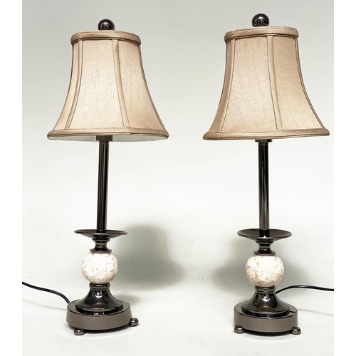 219 - TABLE LAMPS, a pair, with chrome columns and a reconstituted marble spheres (with shades), 60cm H. (... 