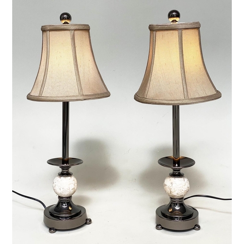 219 - TABLE LAMPS, a pair, with chrome columns and a reconstituted marble spheres (with shades), 60cm H. (... 