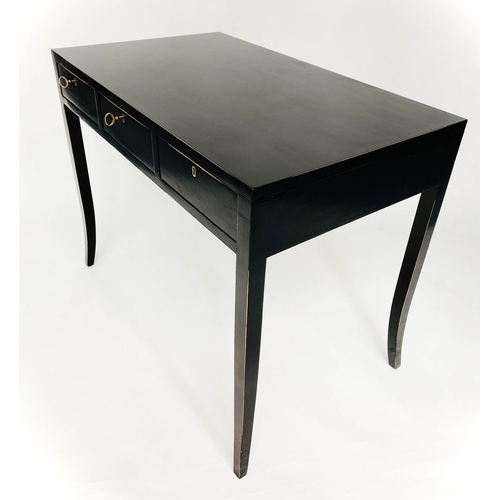 220 - WRITING TABLE, Lombok style lacquered with three drawers (with key) and outswept tapering supports, ... 