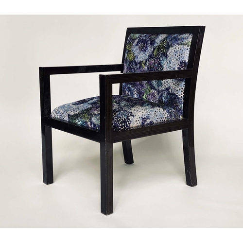 225 - ARMCHAIR, lacquered wood grained, with polychrome woven upholstered back and seat, 57cm W.