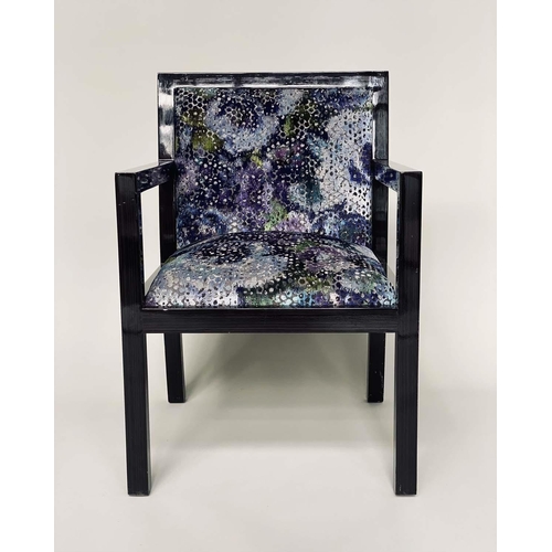 225 - ARMCHAIR, lacquered wood grained, with polychrome woven upholstered back and seat, 57cm W.