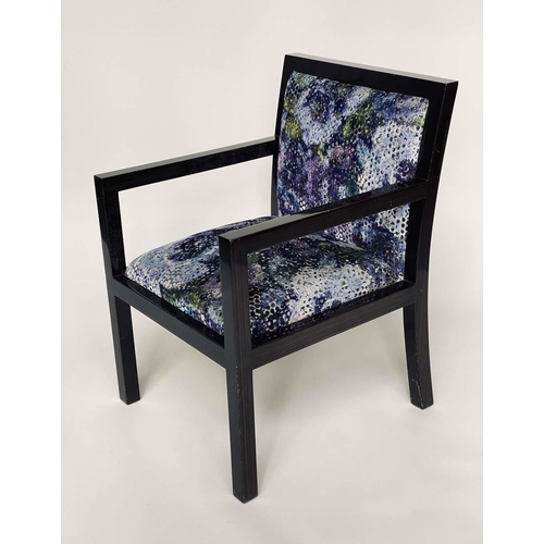 225 - ARMCHAIR, lacquered wood grained, with polychrome woven upholstered back and seat, 57cm W.