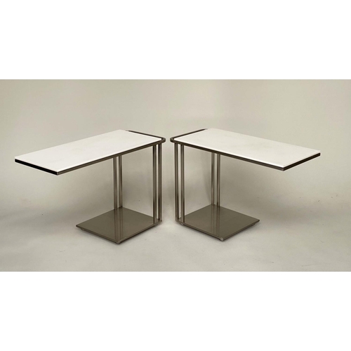 226 - LAMP/DRINKS TABLES, a pair, 1970s rectangular laminate a weighted stainless steel bases with castors... 