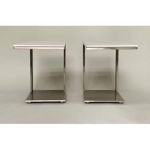 226 - LAMP/DRINKS TABLES, a pair, 1970s rectangular laminate a weighted stainless steel bases with castors... 