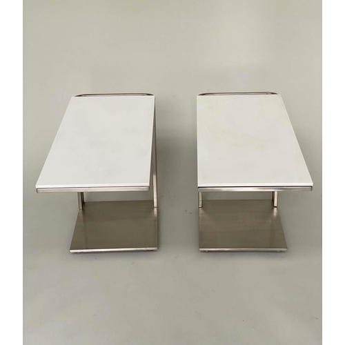 226 - LAMP/DRINKS TABLES, a pair, 1970s rectangular laminate a weighted stainless steel bases with castors... 