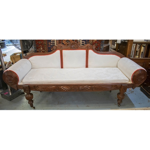 187 - SOFA, 104cm H x 225cm W, Anglo-Indian hardwood with squab seat cushion in white damask on castors.