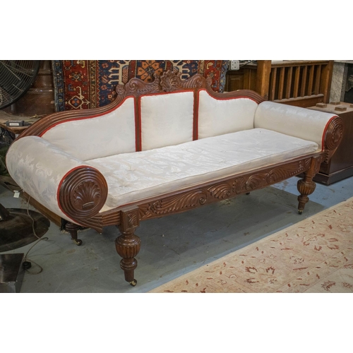 187 - SOFA, 104cm H x 225cm W, Anglo-Indian hardwood with squab seat cushion in white damask on castors.