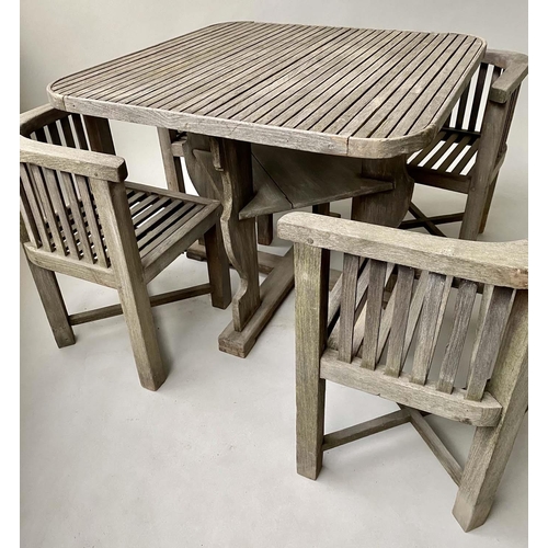 188 - HEALS GARDEN TABLE AND CHAIRS, weathered slatted teak, with four integral armchairs, 94cm x 94cm 74c... 